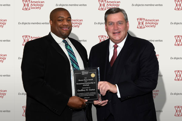 Horace Bates Award Committee Chair Dr. Jack Falls presents Geoffrey Carter with the 2017 Horace Bates Award for Exceptional Scholarship in Arkology