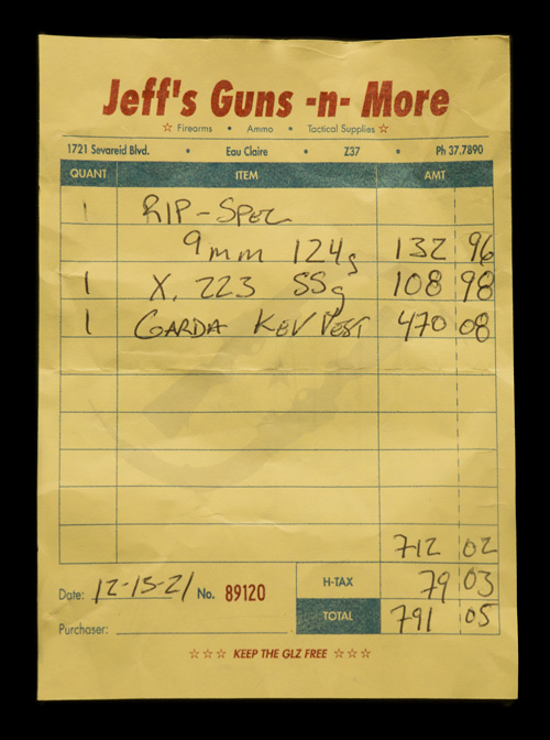 A receipt from Jeff's Guns -n- More found in Matthew Jarndyke's wallet in the Jarndyke Ark