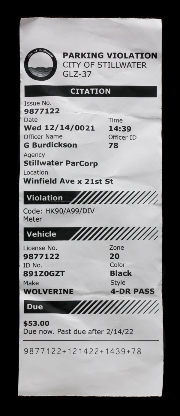 A parking ticket from Stillwater, a city in present-day Minnesota, found in Matthew Jarndyke's wallet in the Jarndyke Ark