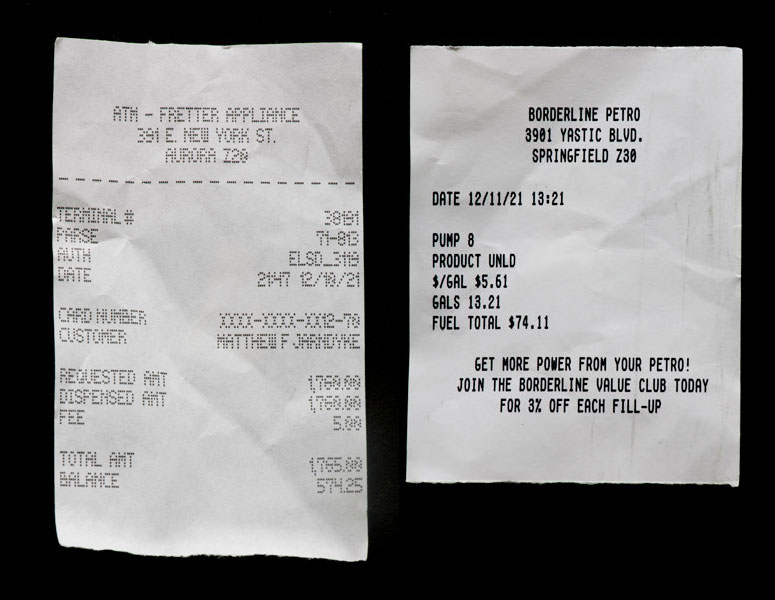 Receipts from an ATM and a gas station found in Matthew Jarndyke's wallet in the Jarndyke Ark