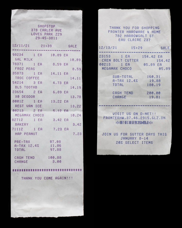 Receipts from grocery store and hardware store found in Matthew Jarndyke's wallet in the Jarndyke Ark