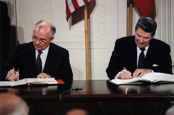 Mikhail Gorbachev and Ronald Reagan sign the Ark Technologies Treaty